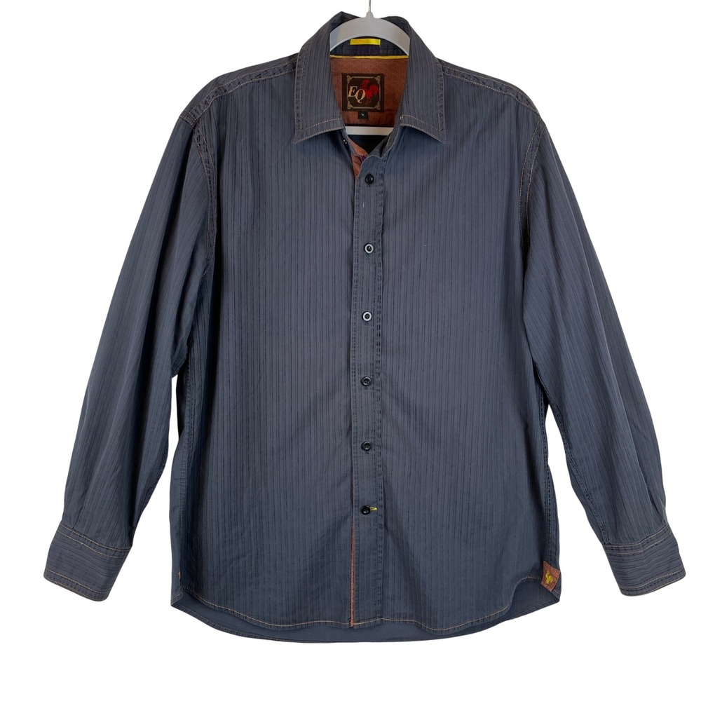 EQ Men Charcoal Gray Pinstripe Button Down Shirt Long‎ Sleeve Embroidered Back L